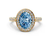 Oval Milgrain Halo Engagement Ring Setting for a Fancy Blue Lab-Grown Diamond | Side Stones | Yellow Gold