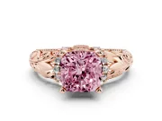 Fancy Pink Cushion Cut Diamond Filigree Halo Engagement Ring Set in Rose gold with Prong Setting