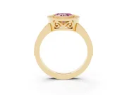 Fancy Pink Heart Cut Diamond Halo Ring Set in Yellow gold with Pavé Band and Milgrain-Edged Prongs