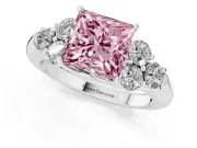 Fancy Pink Princess Cut Diamond Cluster Ring Set in White gold with Round Accent Stones and Prong Setting on a Plain Band