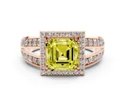 Asscher Cut Halo Engagement Ring Setting for a Fancy Yellow Lab-Grown Diamond | Two-Row Pave Split Shank | Rose Gold