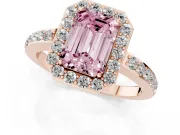 Fancy Pink Emerald Cut Diamond Halo Ring Set in Rose gold with Pavé-Setting Band and Open Prong Center
