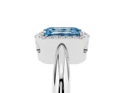 Fancy Blue Emerald Cut Diamond Halo Engagement Ring Set in Platinum with Plain Split Shank and Prong Setting