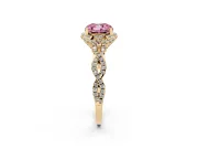 Fancy Pink Cushion Cut Diamond Halo Twist Band Solitaire Ring Set in Yellow gold with Prong-Set Center Stone