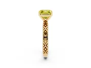 Fancy Yellow Asscher Cut Diamond Solitaire Ring Set in Yellow gold with Milgrain and Black Enamel X Pattern Band