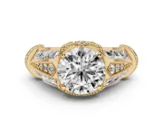 Round Cut Diamond Vintage-Inspired Milgrain Ring Set in Yellow gold with Accent Split Shank