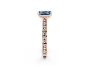 Fancy Blue Emerald Cut Diamond Solitaire Ring Set in Rose gold with Slim Pavé Band and Prong Setting