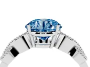 Fancy Blue Round Cut Diamond Milgrain Leaf Band Solitaire Ring Set in Platinum with Accent Stones and Prong Setting