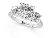 Three-Stone Cushion Cut Diamond Pavé Band Ring Set in Platinum with Prong-Set Trio