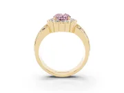 Fancy Pink Oval Cut Diamond Scalloped Halo Ring Set in Yellow gold with Pavé Split Shank