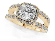 Cushion Cut Diamond Halo Ring Set in Yellow gold with Pavé Split Shank and Prong Setting