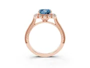 Fancy Blue Princess Cut Diamond Halo Milgrain Pavé Ring Set in Rose gold with Prong Setting