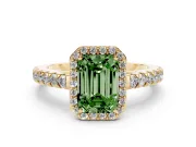 Fancy Green Emerald Cut Diamond Halo Engagement Ring Set in Yellow gold with Pavé Band and Prong Setting