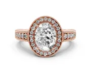 Oval Cut Diamond Halo Ring Set in Rose gold with Round Accent Halo, Pavé Band and Prong Setting