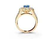 Fancy Blue Radiant Cut Diamond Halo Engagement Ring Set in Yellow gold with Split Shank and Prong Setting