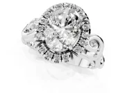 Oval Cut Diamond Halo Ring Set in White gold with Scrollwork Band and Prong Setting