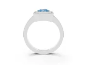 Fancy Blue Radiant Cut Diamond Halo Engagement Ring Set in White gold with Pavé Band and Round Halo Stones