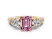 Emerald Cut Three Stone Engagement Ring Setting for a Fancy Pink Lab-Grown Diamond | Graduated Pave Band | Yellow Gold