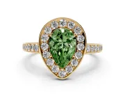Fancy Green Pear Cut Diamond Halo Pavé Engagement Ring Set in Yellow gold with Bezel Setting