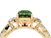 Fancy Green Emerald Cut Diamond Three-Stone Ring Set in Yellow gold with Pavé Split Shank and Prong Setting