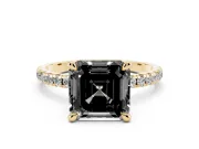 Fancy Black Asscher Cut Diamond Brilliant Solitaire Ring Set in Yellow gold with Pavé Band and Prong Setting