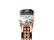 Fancy Black Cushion Cut Diamond Three-Stone Ring Set in Rose gold with Textured Band
