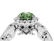Fancy Green Oval Cut Diamond Halo Ring Set in White gold with Milgrain Pavé Band and Prong Setting