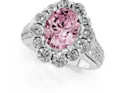 Fancy Pink Oval Cut Diamond Halo Engagement Ring Set in Platinum with Split Shank and Prong Setting