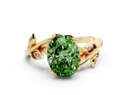 Fancy Green Oval Cut Diamond Solitaire Twist Engagement Ring Set in Yellow gold with Pavé Leaf Accents