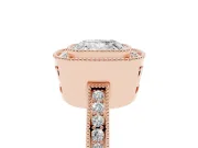 Cushion Cut Diamond Halo Ring Set in Rose gold with Pavé Band and Milgrain-Edged Prongs