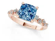 Fancy Blue Cushion Cut Diamond Solitaire Vine Band Ring Set in Rose gold with Round Accents and Prong Setting
