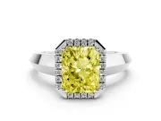 Fancy Yellow Radiant Cut Diamond Halo Ring Set in White gold with Cathedral Band and Prong Setting
