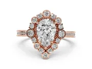 Pear Cut Diamond Halo Milgrain Pavé Ring Set in Rose gold with Prong Setting