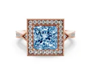 Fancy Blue Princess Cut Diamond Halo Engagement Ring Set in Rose gold with Milgrain Pavé Band