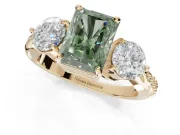 Radiant Cut Three Stone Engagement Ring Setting for a Fancy Green Lab-Grown Diamond | Tapered Pave Band | Yellow Gold