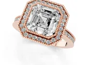 Asscher Cut Diamond Halo Ring Set in Rose gold with Pavé Band and Milgrain-Edged Prongs