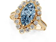 Fancy Blue Marquise Cut Diamond Halo Milgrain Pavé Ring Set in Yellow gold with Prong Setting