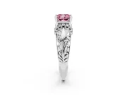 Fancy Pink Cushion Cut Diamond Filigree Halo Engagement Ring Set in White gold with Prong Setting