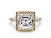 Asscher Cut Vintage Milgrain Floral Halo Engagement Ring Setting | Pavé Band | Yellow Gold