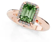 Fancy Green Emerald Cut Diamond Halo Engagement Ring Set in Rose gold with Plain Split Shank and Prong Setting