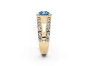 Fancy Blue Cushion Cut Diamond Halo Ring Set in Yellow gold with Pavé Split Shank and Prong Setting