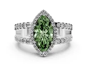 Fancy Green Marquise Cut Diamond Halo Ring Set in White gold with Pavé Split Shank and Prong Setting
