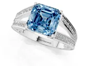 Fancy Blue Asscher Cut Diamond Split Shank Ring Set in Platinum with Pavé Band and Prong Setting