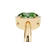 Fancy Green Oval Cut Diamond Halo Engagement Ring Set in Yellow gold with Plain Split Shank and Prong Setting