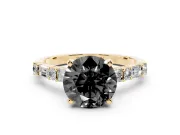 Fancy Black Round Cut Diamond Solitaire Set in Yellow gold with Side Baguettes and Channel Set Band