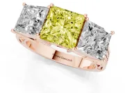 Princess Cut Three Stone Engagement Ring Setting for a Fancy Yellow Lab-Grown Diamond | Beaded Shoulders | Rose Gold