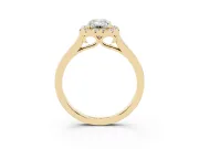 Emerald Cut Halo Round Diamond Solitaire Ring Set in Yellow gold with Pavé Band and Prong Setting