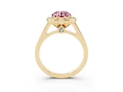 Fancy Pink Round Cut Diamond Halo Solitaire Ring Set in Yellow gold with Pavé Band and Bezel Setting