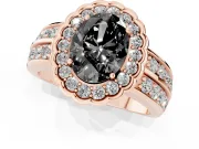 Fancy Black Oval Cut Diamond Scalloped Halo Ring Set in Rose gold with Pavé Split Shank