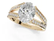 Oval Split Shank Pavé Engagement Ring Setting | Engraved Leaf Sides | Yellow Gold
